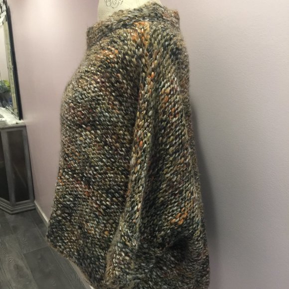 Size M Zara Knit Italian Yarn Beige Brown Mixed Color Cocoon Poncho Sweater - Picture 10 of 10